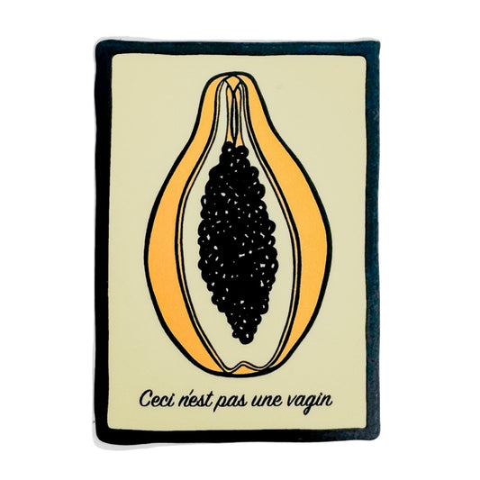 Illustration of a cut papaya with text on a beige background