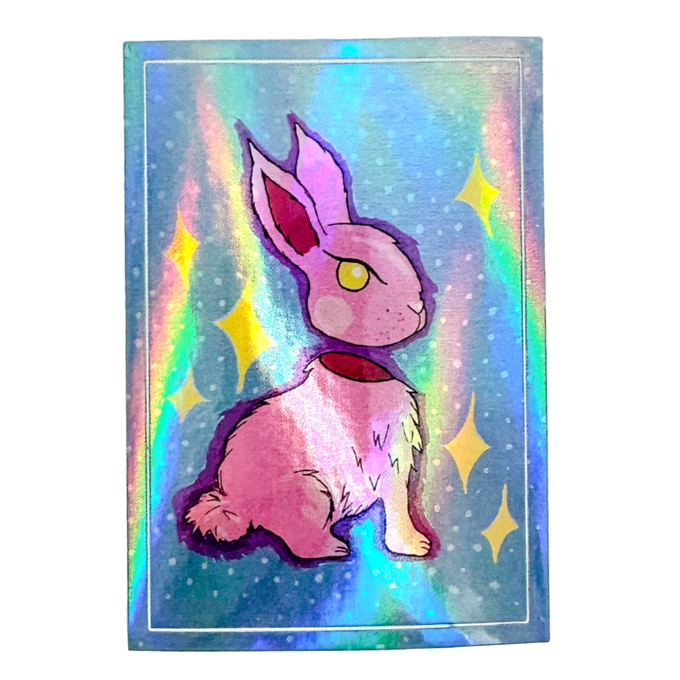 Holographic sticker with a pink rabbit illustration 