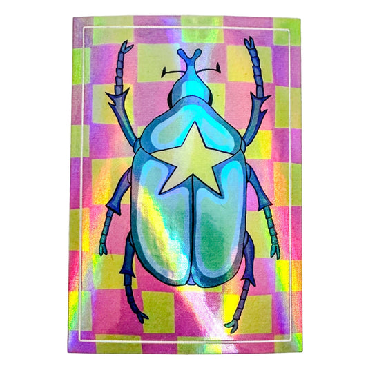 Colorful beetle illustration on a checkered background