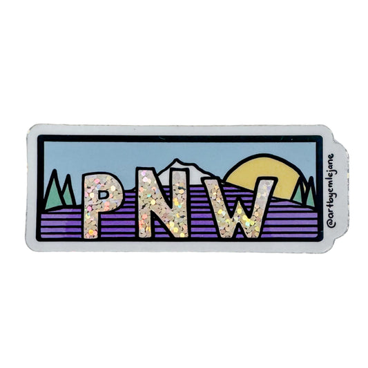 Sticker with 'PNW' text and mountain design 