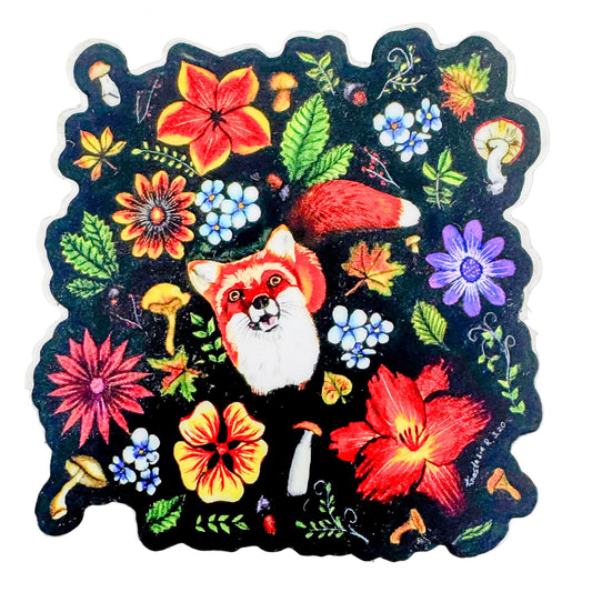 Colorful sticker with a fox surrounded by flowers and leaves on a white background