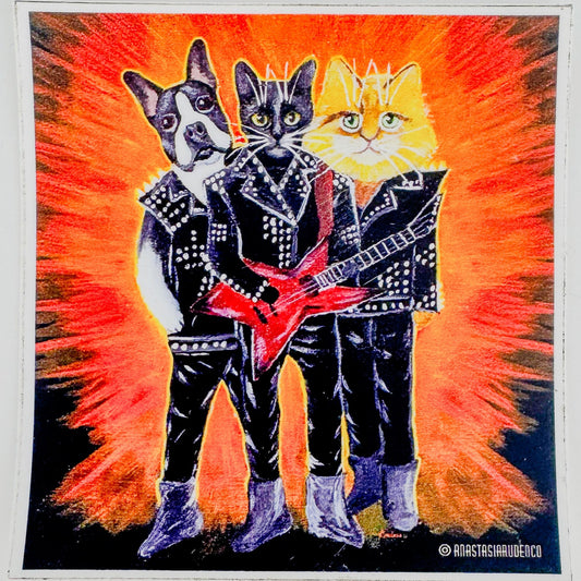 Illustration of a dog and two cats in rock band outfits with a red guitar on an orange and black background.
