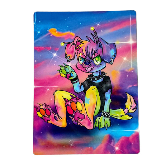Colorful cartoon dog character on a vibrant space-themed background