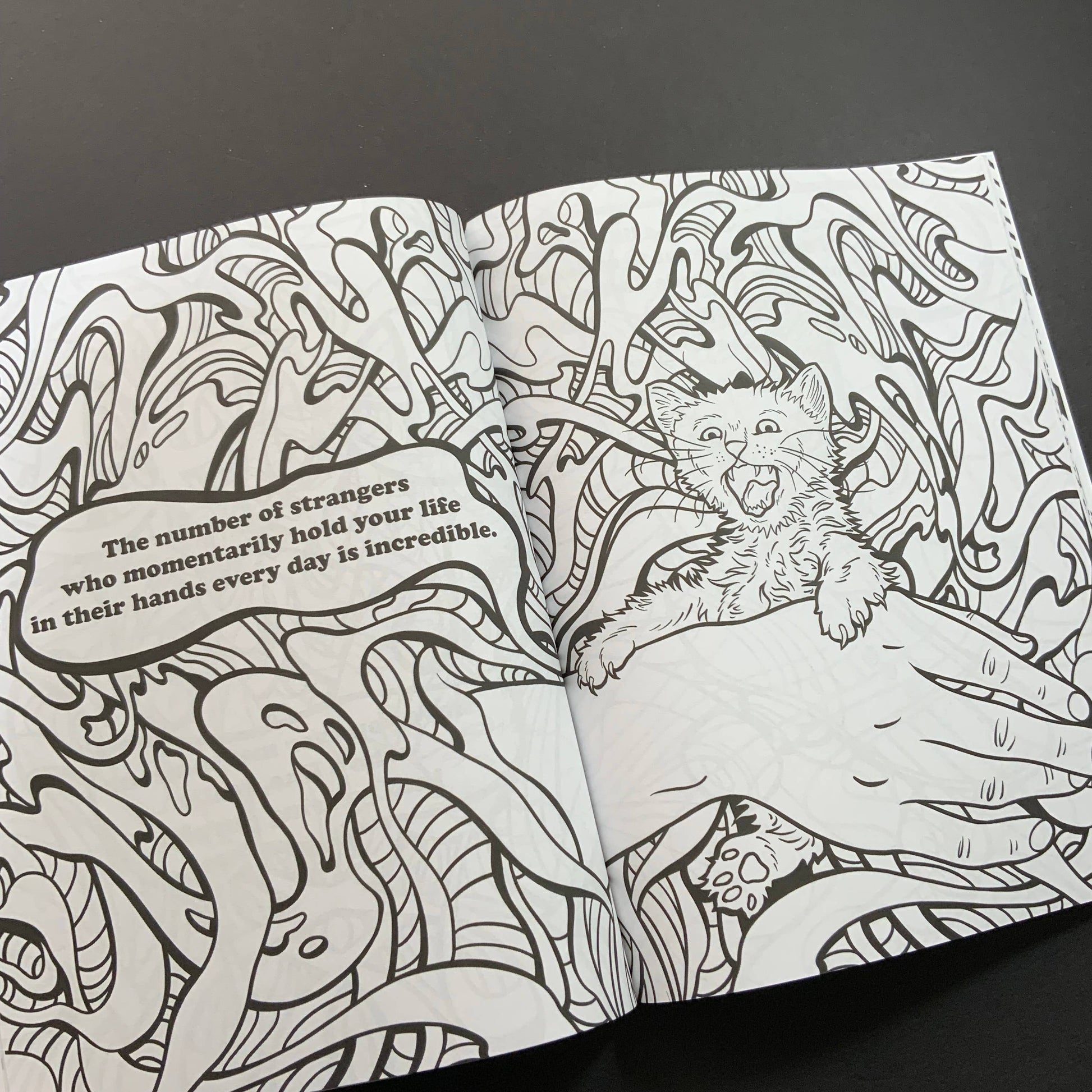 Coloring book page with a cat illustration and text