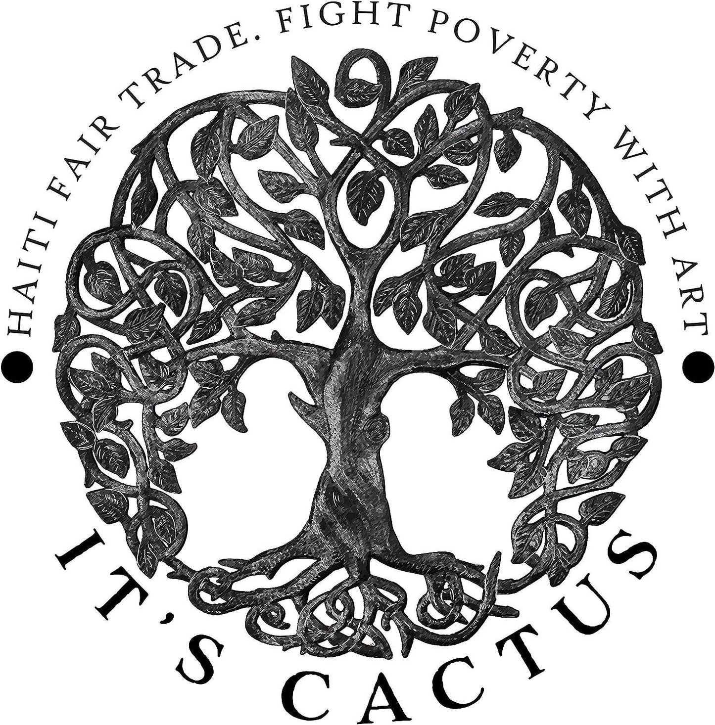 Handmade hammered metal wall art of a tree of life with the words Haiti Fair Trade. Fight Poverty with Art. It's Cactus.