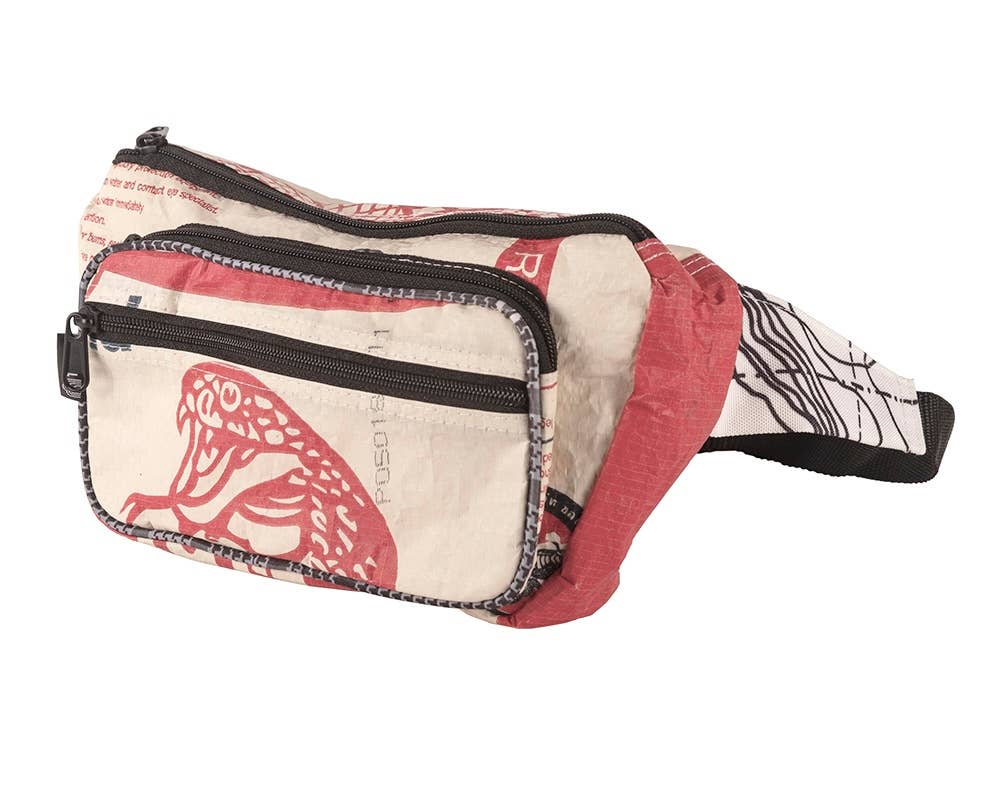 Small cross body pack. Exterior material is upcycled from feed and cement bags, Interior material is recycled from plastic bottles. Each design is unique.