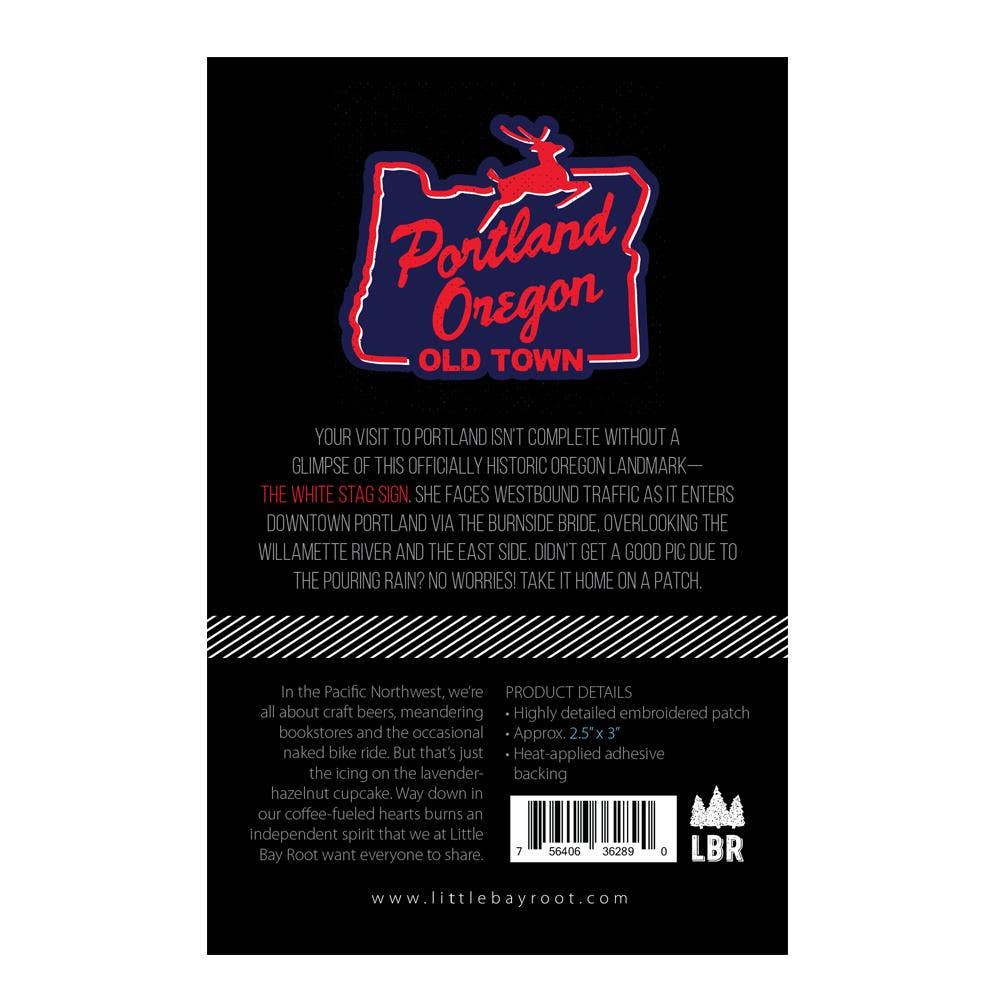 Embroidered patch packaging with 'Portland, Oregon Old Town' design on a black background