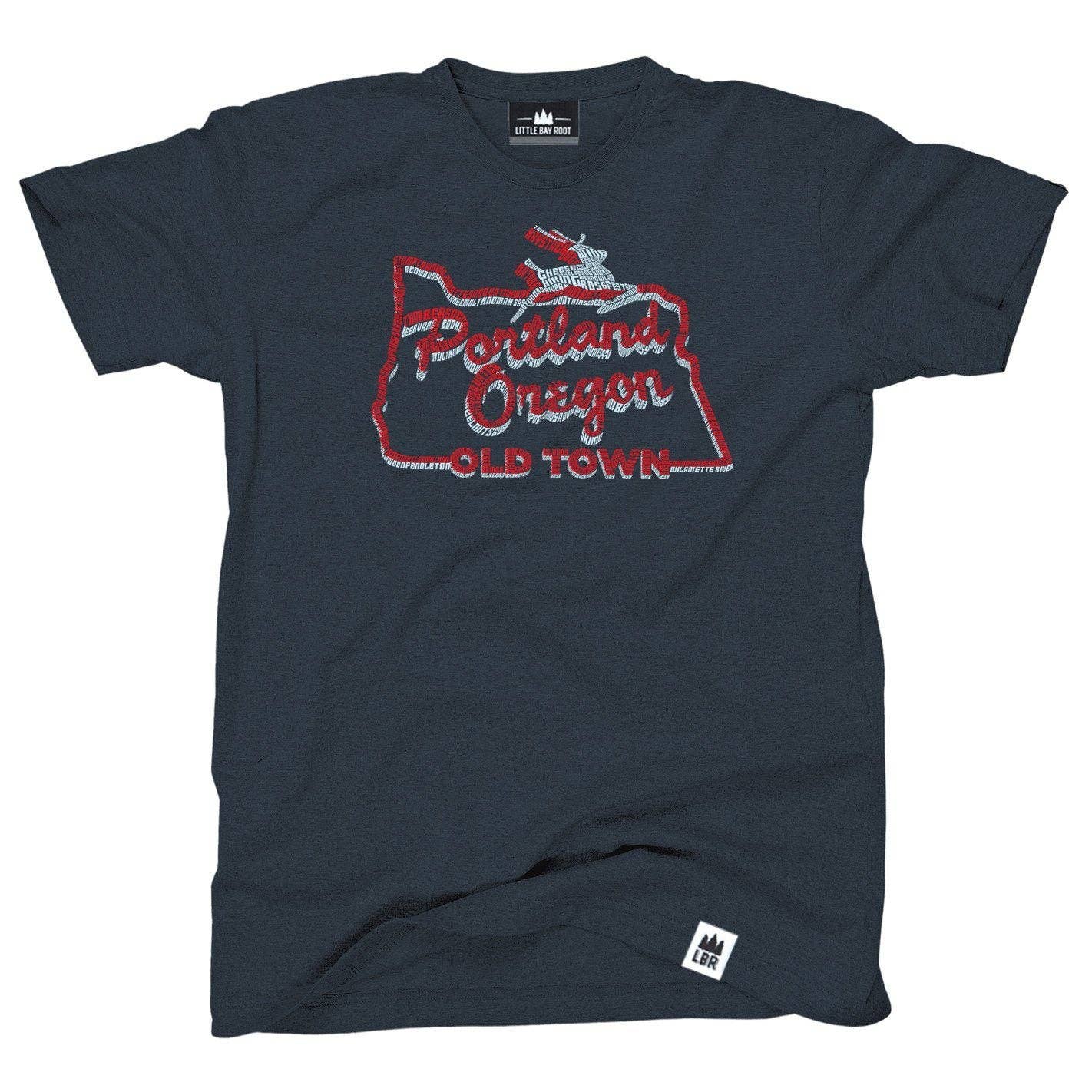 Navy blue t-shirt with 'Portland, Oregon Old Town' graphic