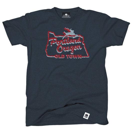 Navy blue t-shirt with 'Portland, Oregon Old Town' graphic