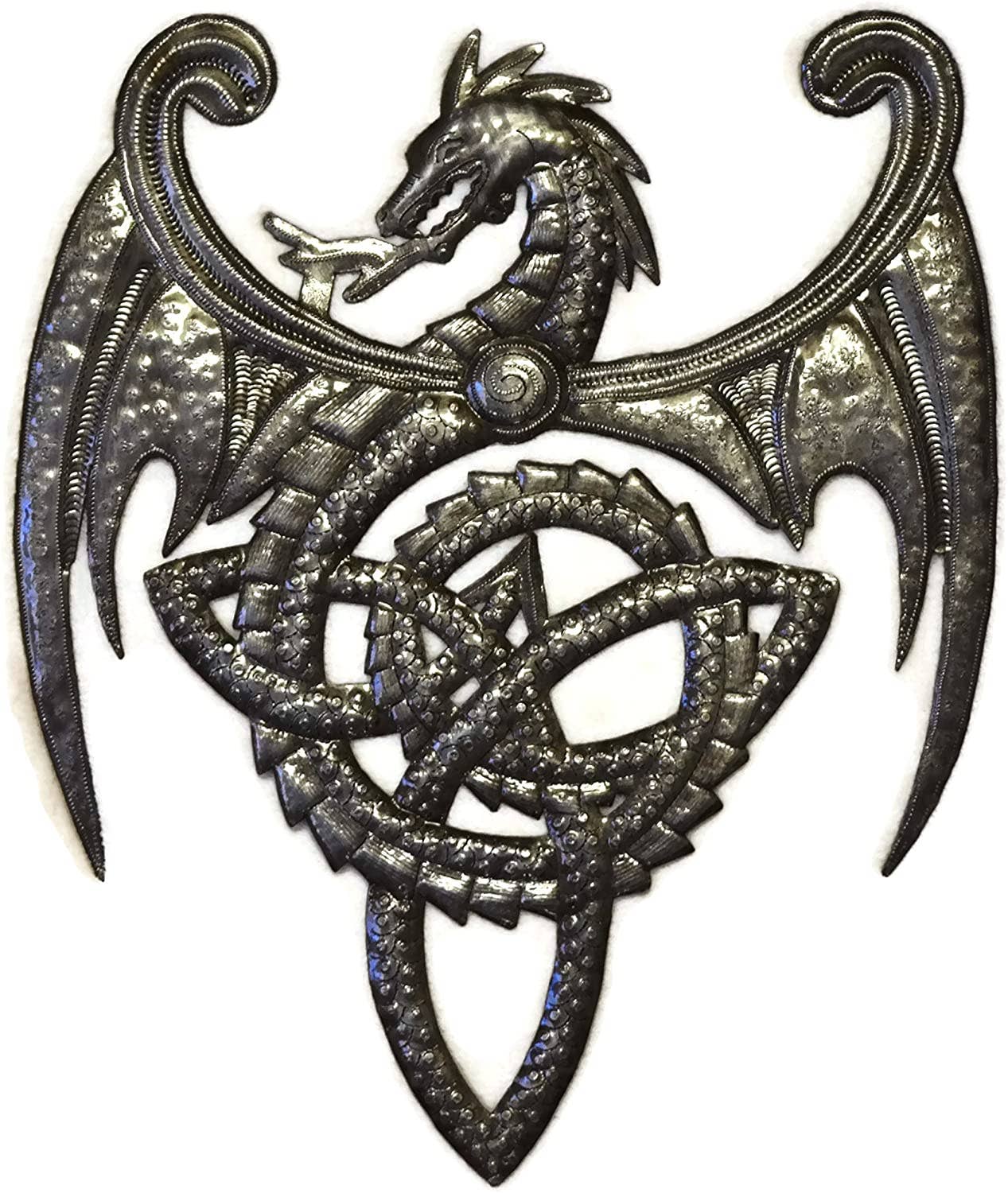 Handmade Haitian hammered metal wall art of a dragon breathing fire