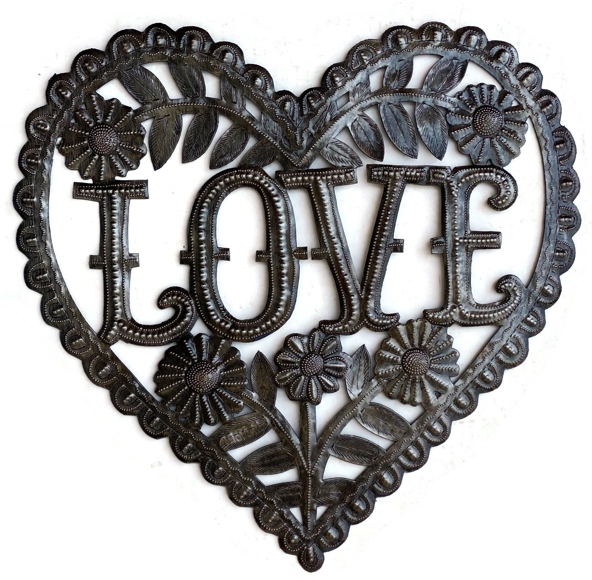 Handmade Haitian hammered metal wall art of a heart with the word Love surrounded by flowers