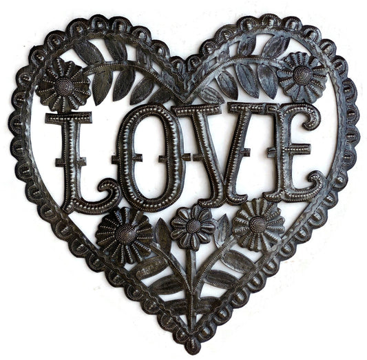 Handmade Haitian hammered metal wall art of a heart with the word Love surrounded by flowers