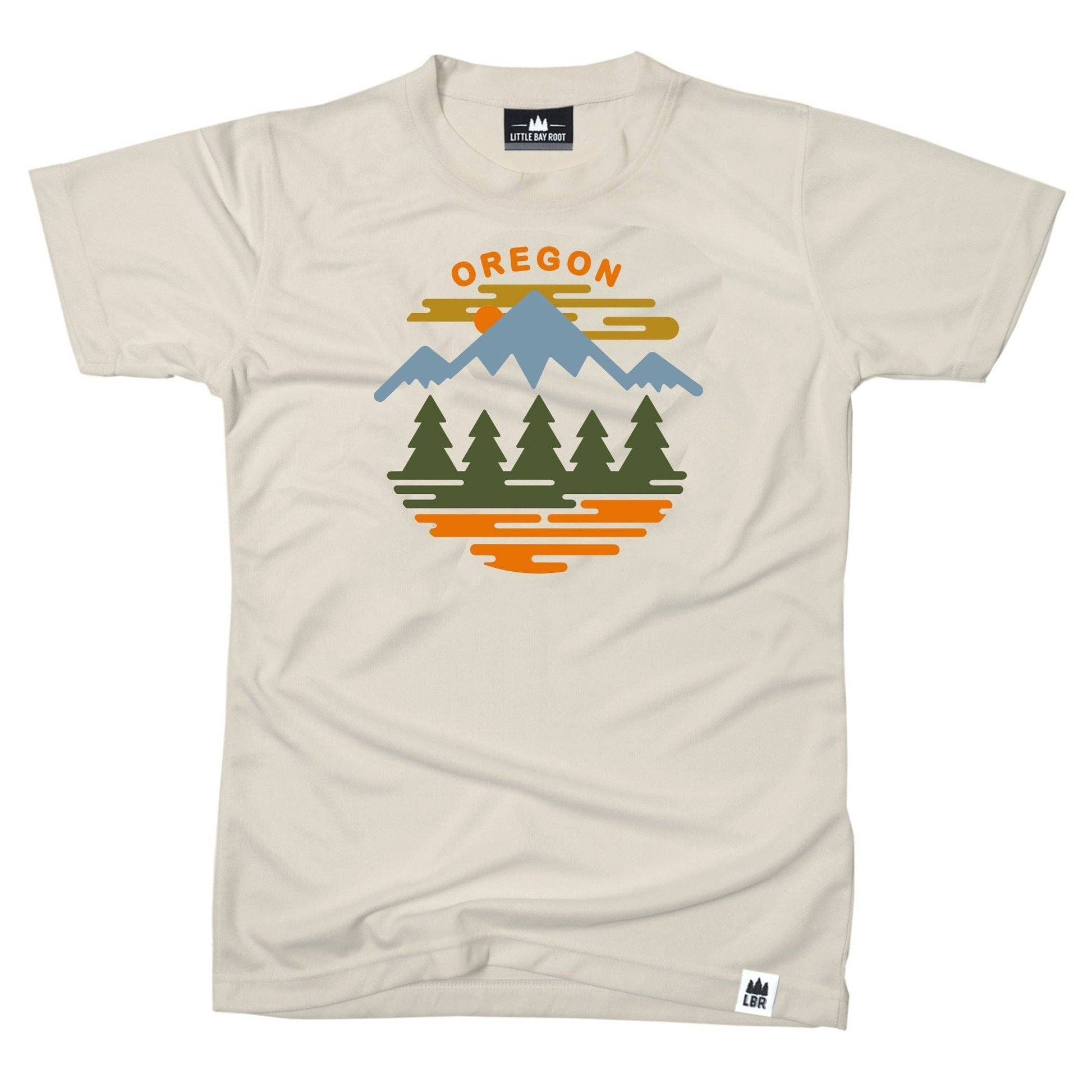 Beige t-shirt with 'Oregon' graphic design featuring mountains and trees