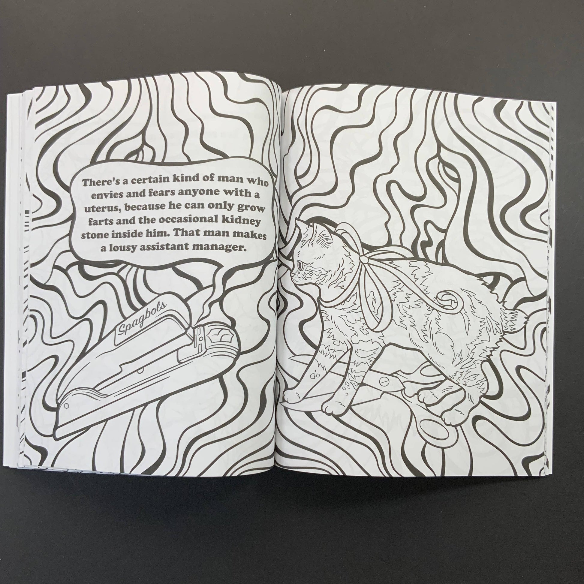 Open coloring book page with black and white line art