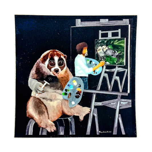Sloth painting a scene with Bob in the background