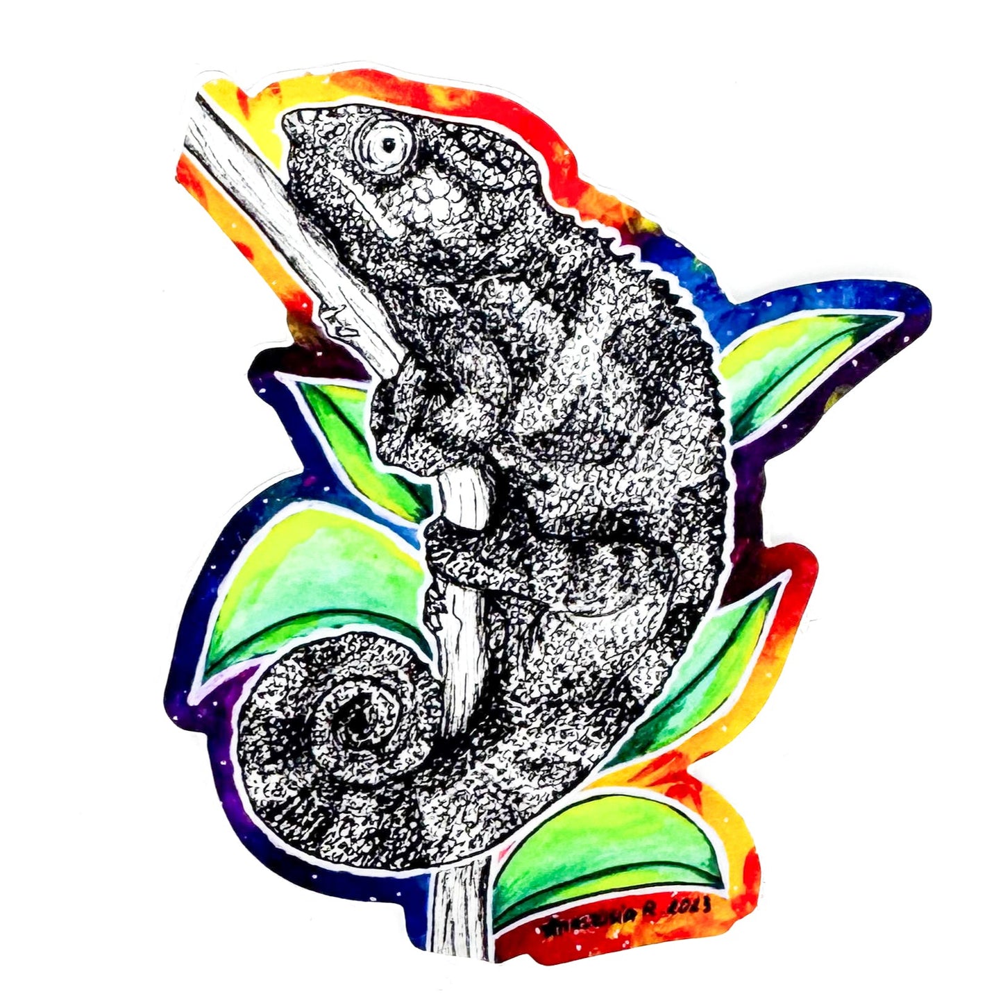 Black and white illustration of a chameleon on colorful plants