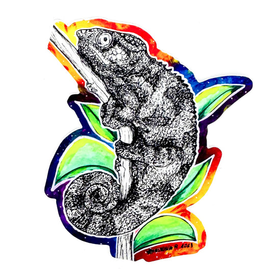 Black and white illustration of a chameleon on colorful plants