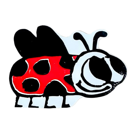 Cartoon ladybug with red body and black spots on a white background