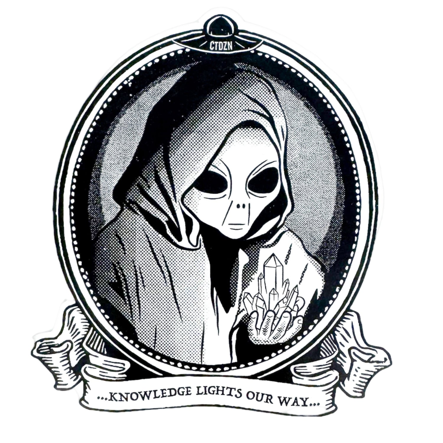 Illustration of an alien in a hooded cloak holding crystals with text 'Knowledge lights our way' in a circular frame.