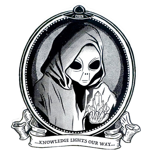 Illustration of an alien in a hooded cloak holding crystals with text 'Knowledge lights our way' in a circular frame.