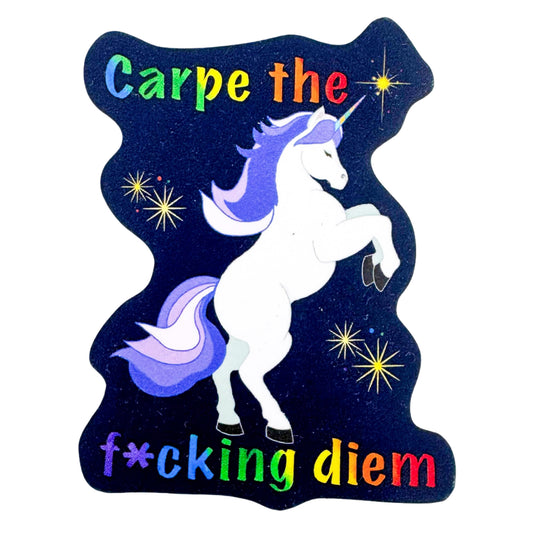 Unicorn design with colorful text on a dark background. Carpe the f*cking diem