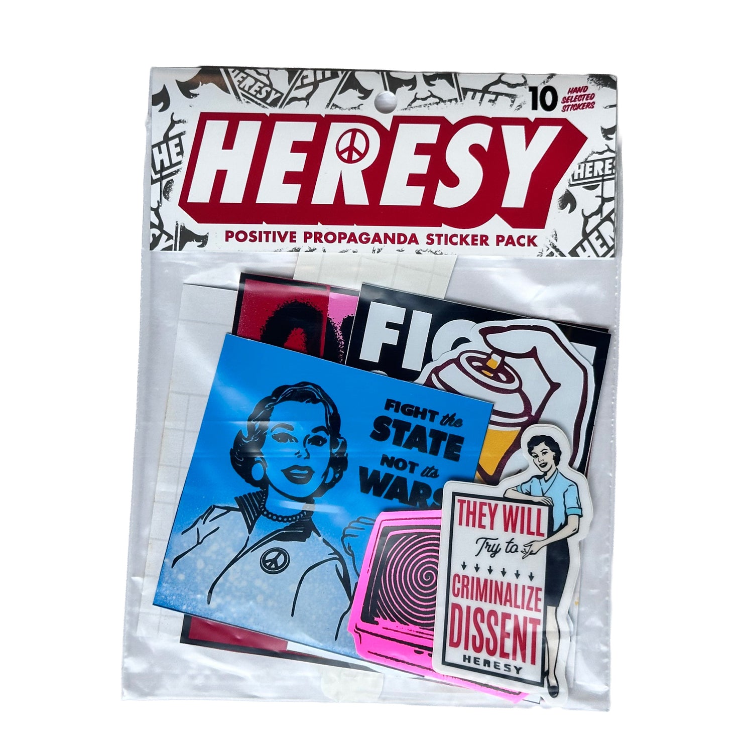 HERESY sticker pack with various political-themed stickers on a white background. propaganda