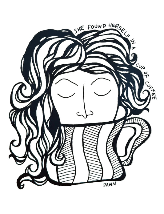 Black and white illustration of a woman with long hair inside a coffee cup, with text above.
