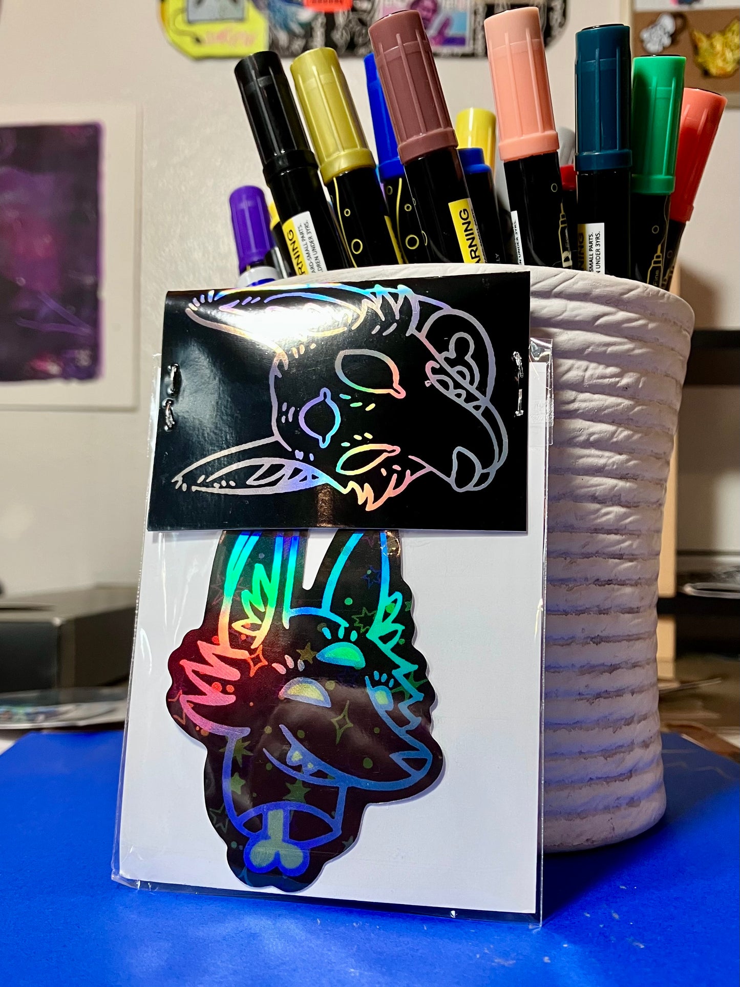 Space Coyote “Glitter Bonehead” Acrylic Keychain + Holographic Sticker by HiddenStash