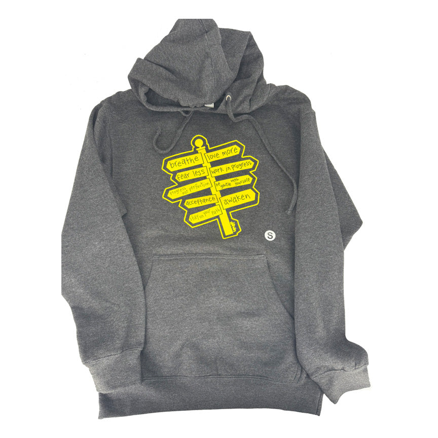SettleDawn gray hoodie with affirmative yellow sign post design 