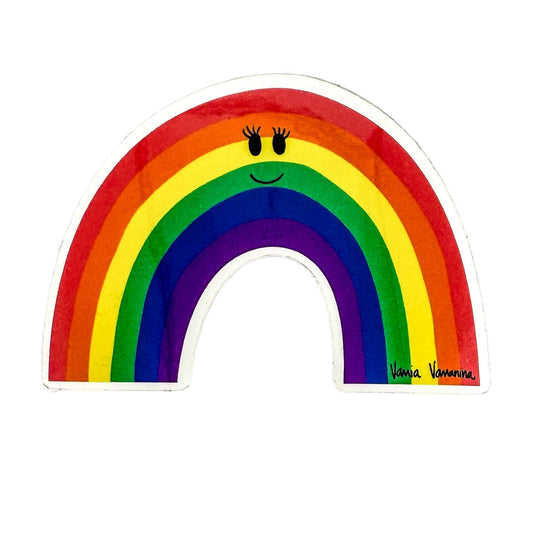Colorful rainbow sticker with a smiling face on a white background