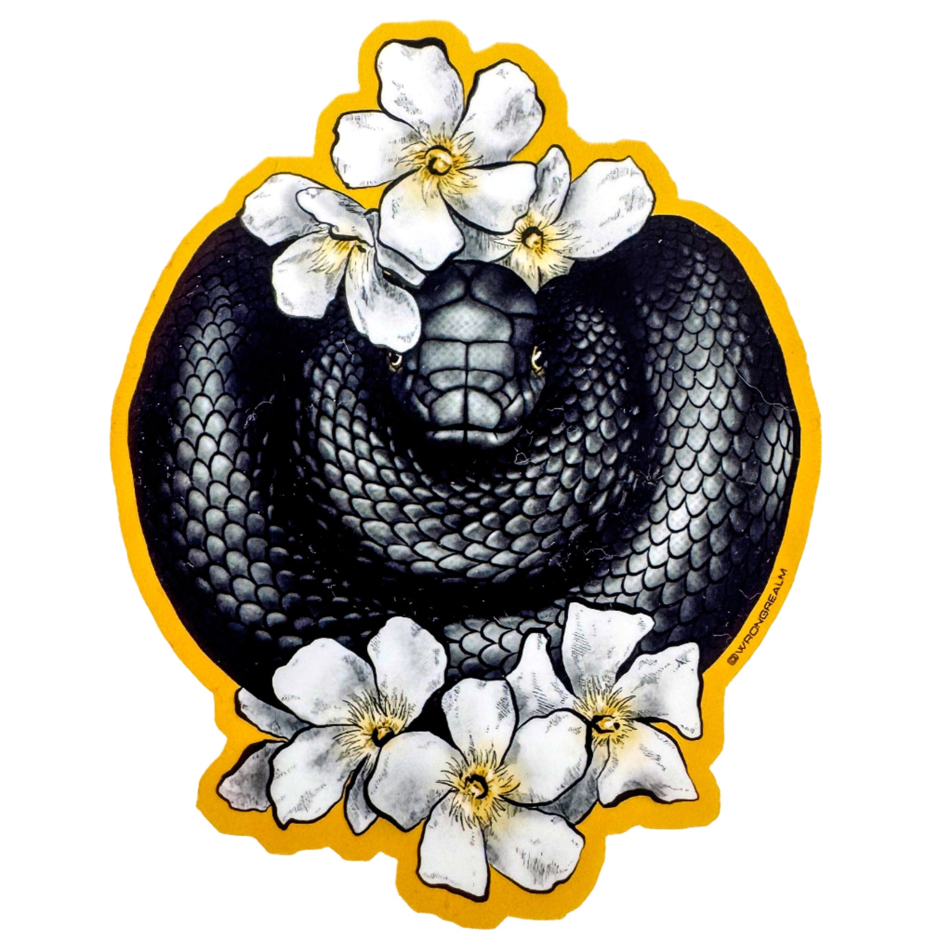 Black snake with white flowers on a yellow border