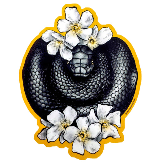 Black snake with white flowers on a yellow border
