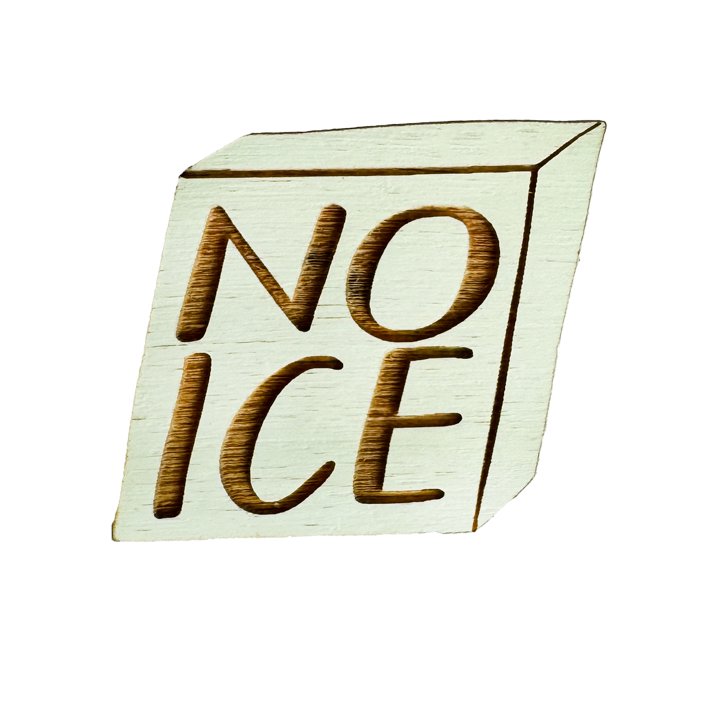 Light blue ice cube shaped pin with 'NO ICE' text