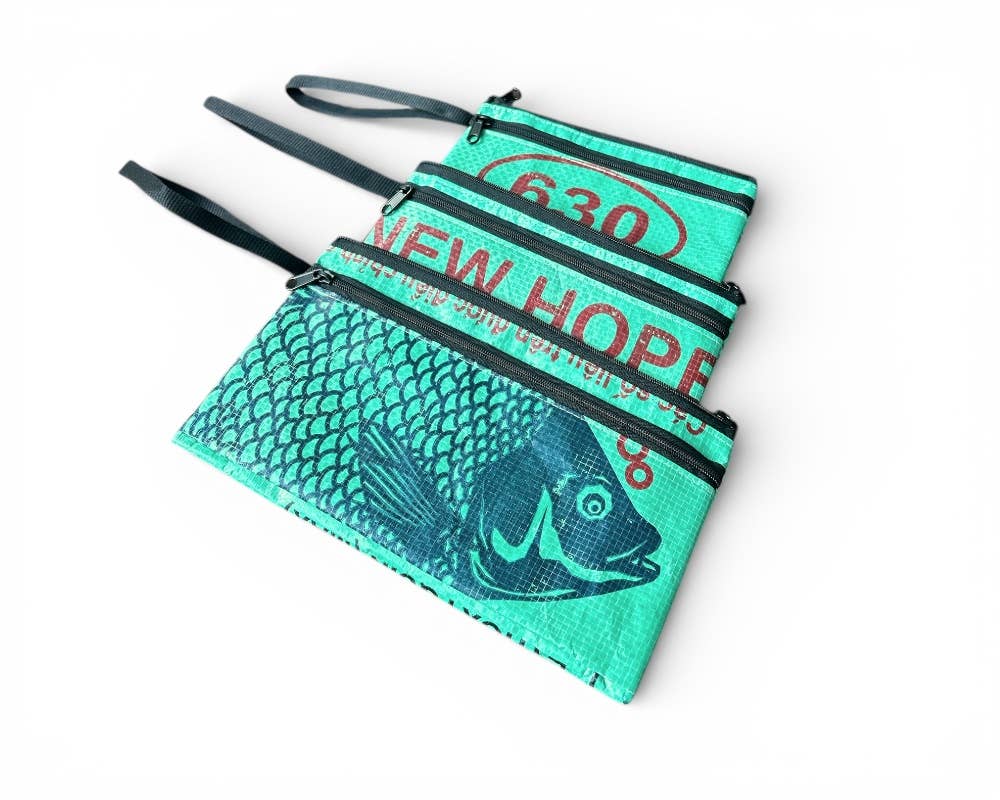 Three pouches of descending size Exterior material is upcycled from feed and cement bags, Interior material is recycled from plastic bottles. Each design is unique.