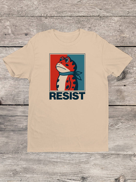 Beige protest t-shirt with a frog graphic and 'RESIST'