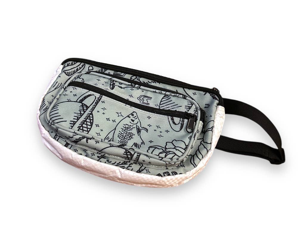 Small cross body pack. Exterior material is upcycled from feed and cement bags, Interior material is recycled from plastic bottles. Each design is unique.