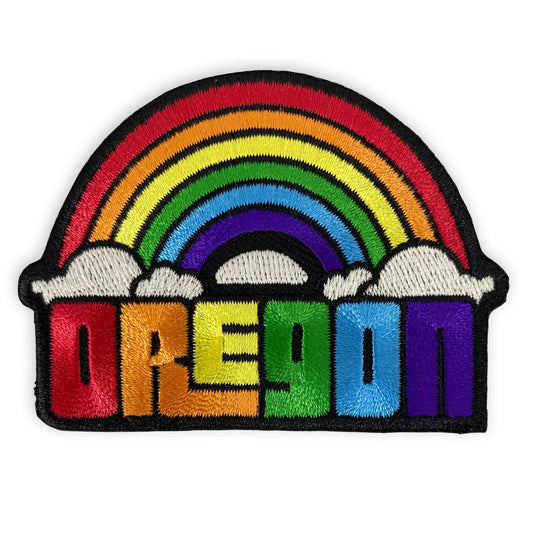 Embroidered patch with rainbow and 'OREGON' text