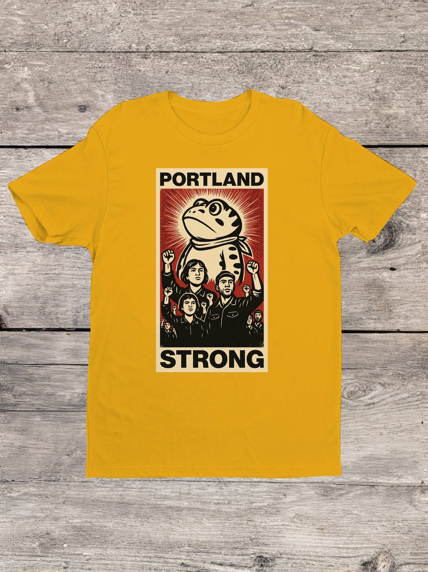 Yellow t-shirt with 'Portland Strong'  frog graphic