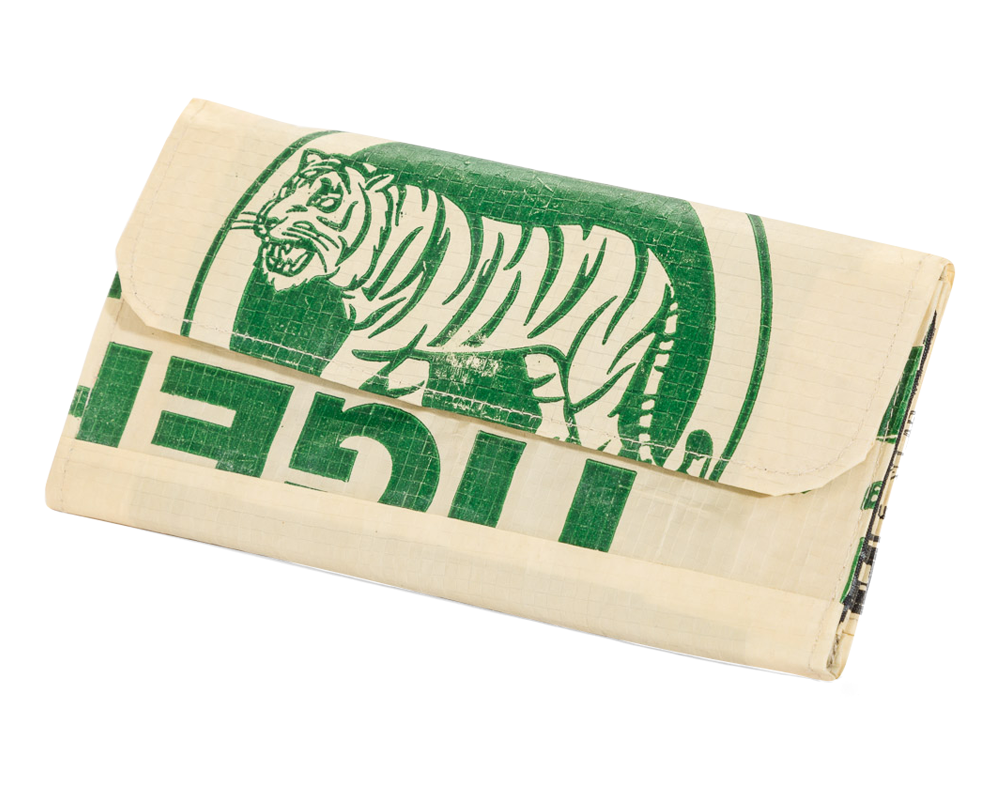 Tri-fold wallet. Exterior material is upcycled from feed and cement bags, Interior material is recycled from plastic bottles. Each design is unique.
