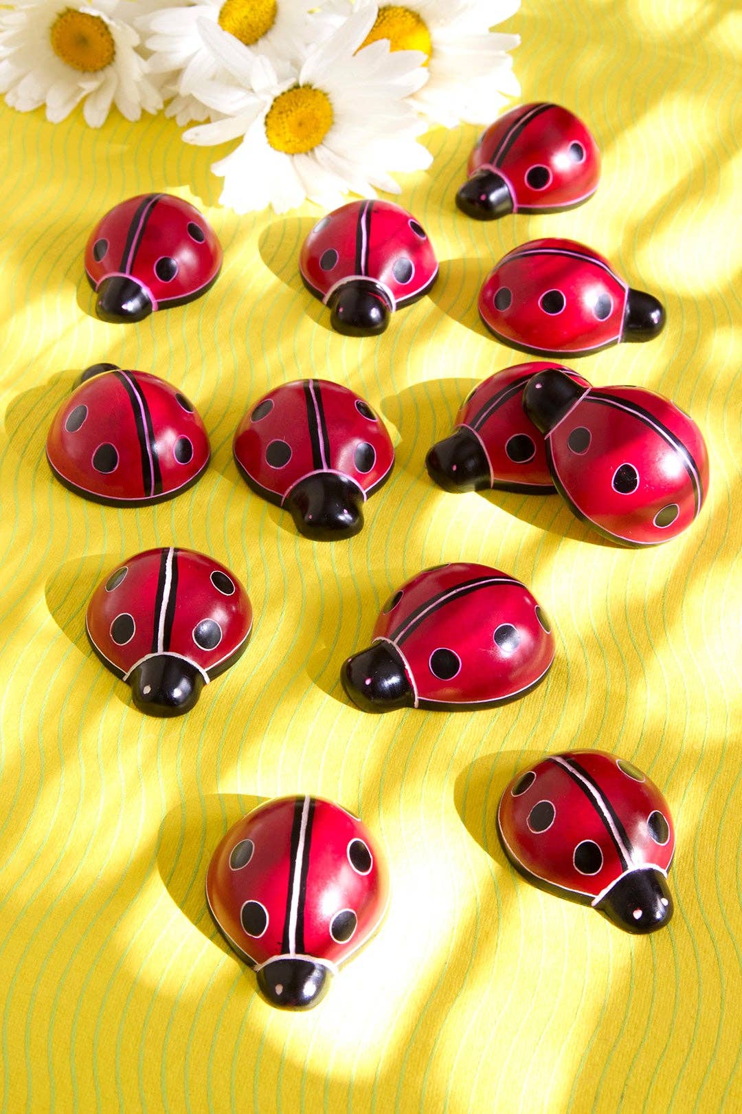 A dozen handcrafted soapstone ladybugs. on yellow with daisies.