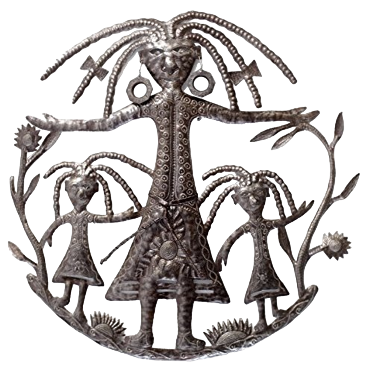 Handmade Haitian hammered metal wall art of woman with two children on either side