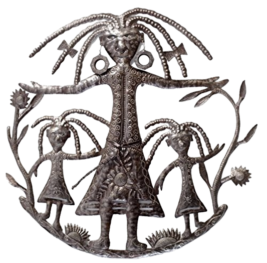Handmade Haitian hammered metal wall art of woman with two children on either side