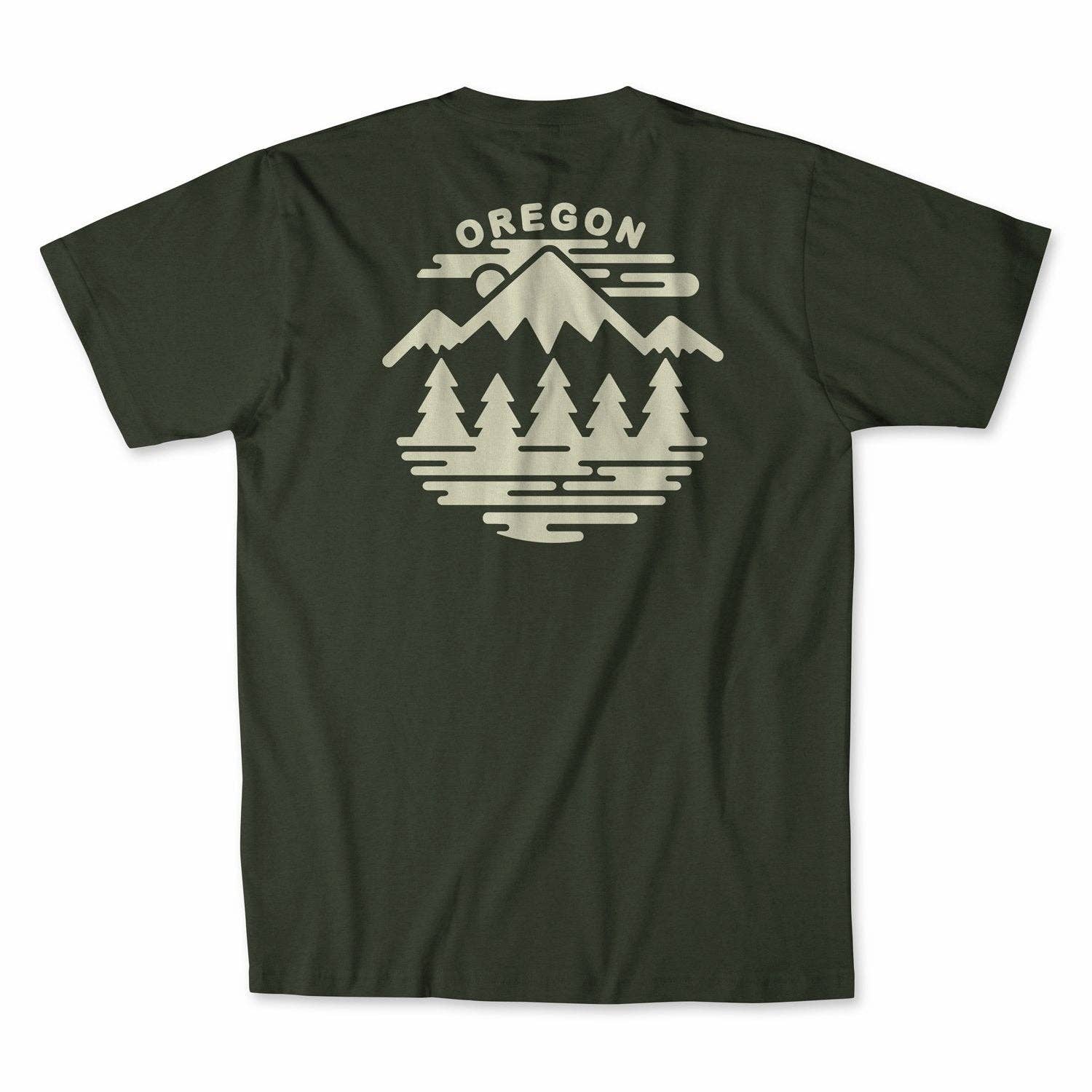 Back of a dark t-shirt with 'Oregon' and mountain design