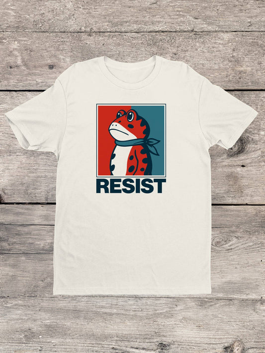 White protest t-shirt with a frog graphic and 'RESIST'